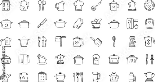 Vector line kitchen and cooking icons set. Kitchen and Cooking Icon Object, Kitchen and Cooking Icon Picture - stock vector
