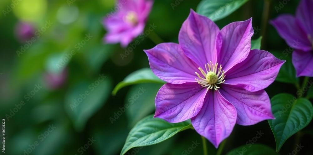 Fototapeta premium Close-up shot of vibrant purple Clematis flowers in full bloom on green leaves background, nature, botanical