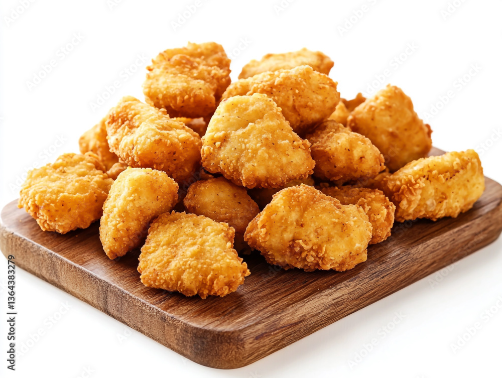 A pile of golden, crispy chicken nuggets on an elegant wooden serving board against a clean white background A pile of golden, crispy chicken nuggets on an elegant wooden serving board against a clean white background