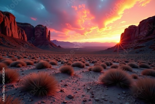 Desert landscape at sunrise with colorful hues illuminating the rocky terrain in Bishop, California, USA,  sunrise,  California