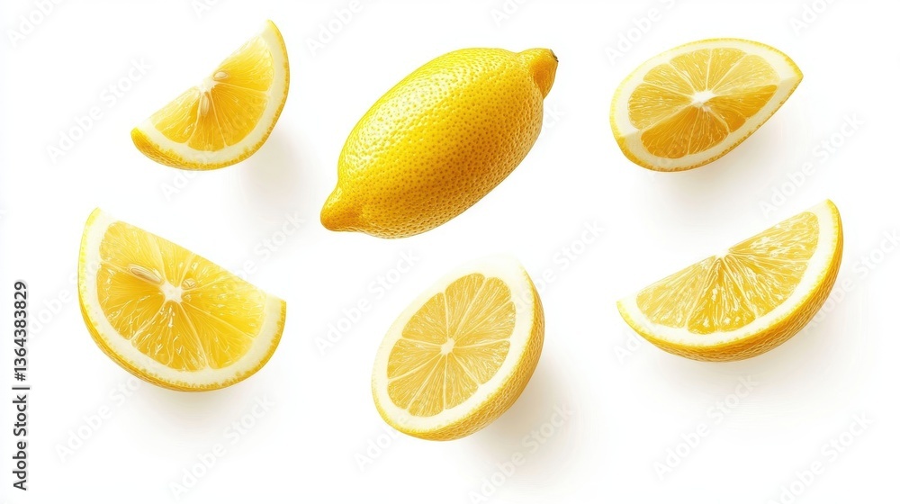 Fototapeta premium A whole lemon and several lemon slices on white background