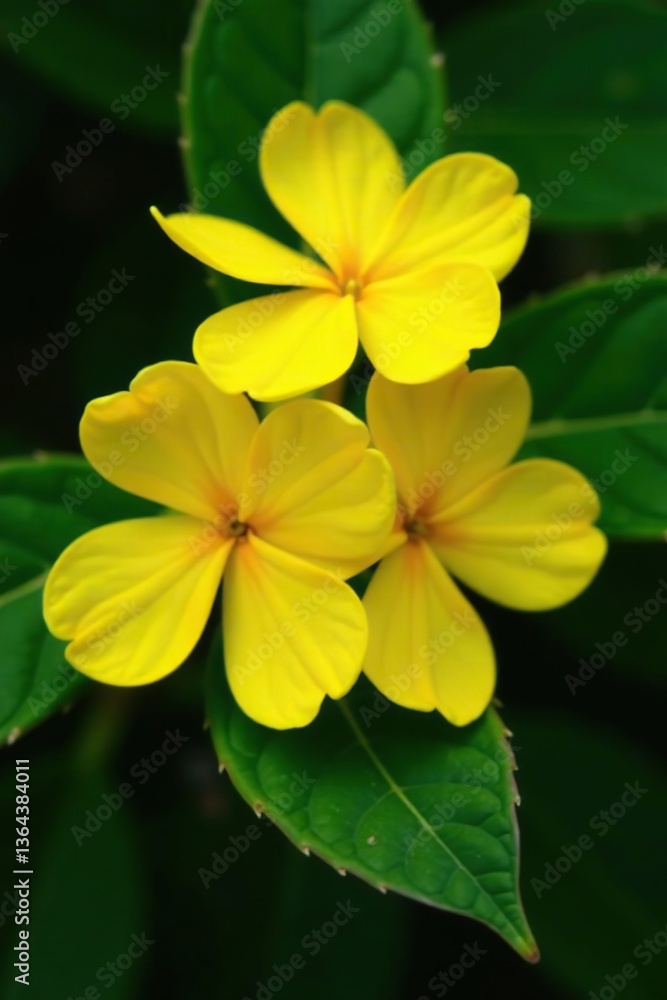 Fototapeta premium Close-up shot of vibrant yellow Caryocar brasiliense flowers with dark green leaves in the background, yellow, bloom