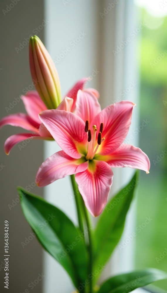 Fototapeta premium Closeup of a beautiful pink lily flower with lush green leaves, blooming indoors as a vibrant bouquet gift on a sunny summer day, plant gift, summer day