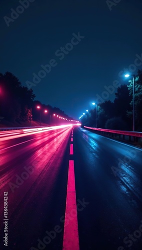 Futuristic neon light trails on road at night with glowing ascending lines and beautiful flare Red blue special effect, speed police line,  beautiful flare,  night