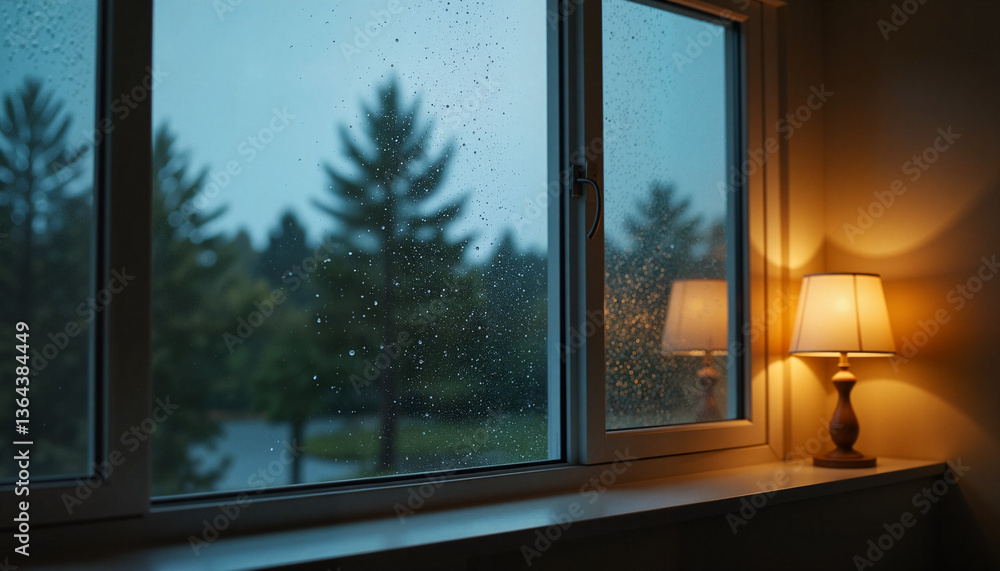Fototapeta premium Raindrops hitting window pane in dimly lit room, cozy ambiance
