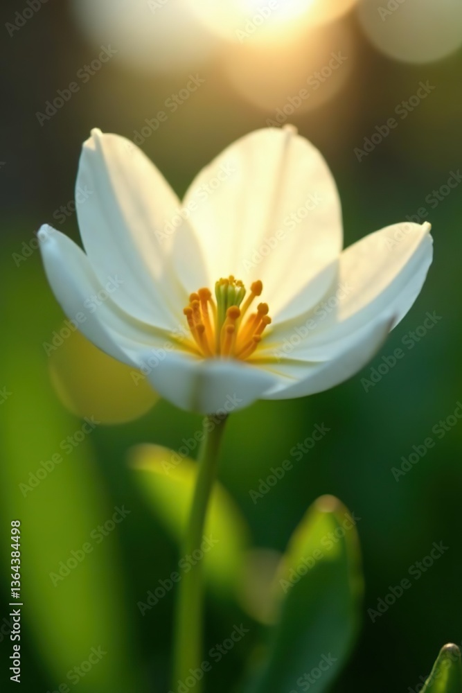 Close-up of a Blood Root flower blooming in the gentle morning sunlight, showcasing its delicate white petals and vibrant yellow center, Blood Root, flora Close-up of a Blood Root flower blooming in the gentle morning sunlight, showcasing its delicate white petals and vibrant yellow center, Blood Root, flora