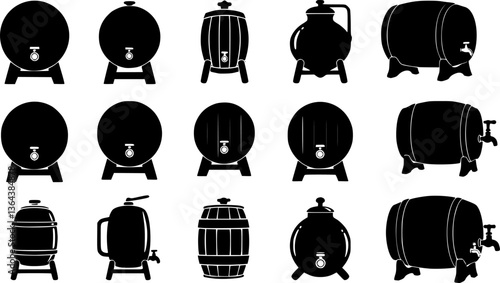 Vector black barrels icons set on white background. Barrel sign.
