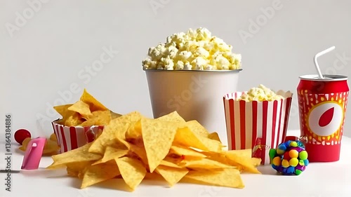 Popcorn, nachos, soda, and candy; classic movie snacks