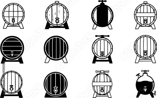 Vector black barrels icons set on white background. Barrel sign.
