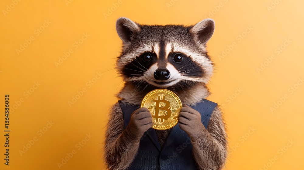 Anthropomorphic portrait of a raccoon dressed as a business professional holding a golden Bitcoin cryptocurrency coin and posing against a vibrant yellow background Anthropomorphic portrait of a raccoon dressed as a business professional holding a golden Bitcoin cryptocurrency coin and posing against a vibrant yellow background