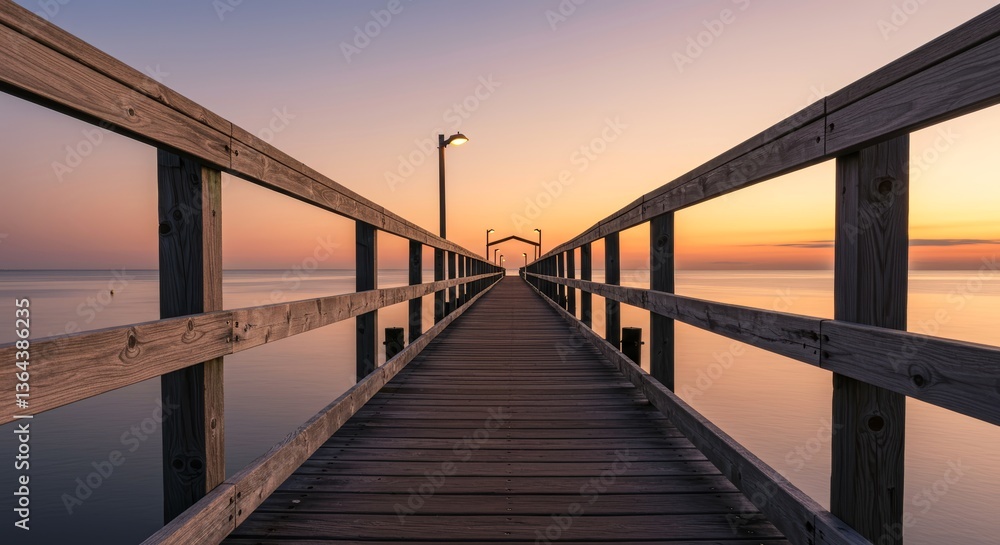 Naklejka premium Serene wooden pier stretching into calm waters at sunset 