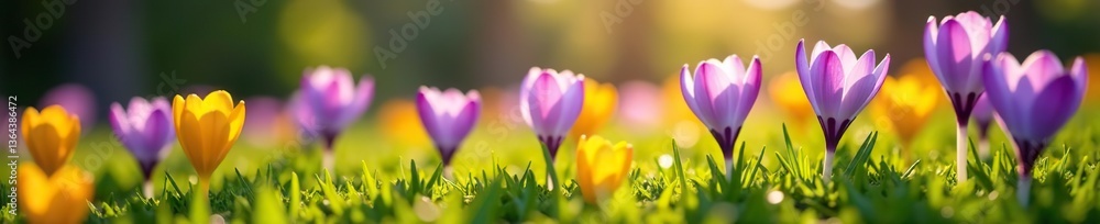 Close-up of vibrant crocus blossoms blooming on green grass under the bright sunlight, bloom, close-up Close-up of vibrant crocus blossoms blooming on green grass under the bright sunlight, bloom, close-up