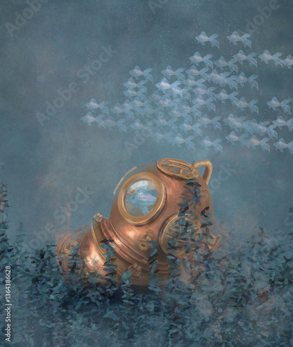 A helmet from a diving suit at the bottom of the sea under the water among thick algae. A magazine illustration showing the deep possibilities hidden under numerous obstacles waiting to be revealed