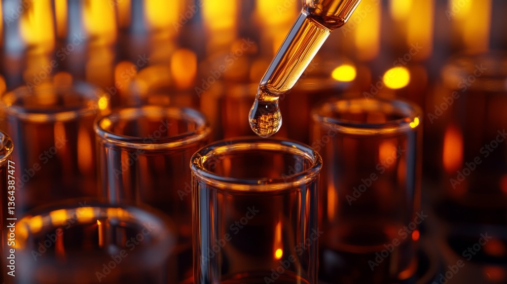 A close-up of test tubes filled with golden liquid, being photographed from the side as one dropper is pouring a drop into each tube. A close-up of test tubes filled with golden liquid, being photographed from the side as one dropper is pouring a drop into each tube.