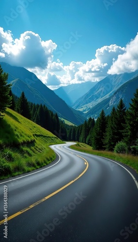 Empty asphalt road winding through lush green mountains under a clear blue sky with fluffy white clouds in the background,  nature,  clouds