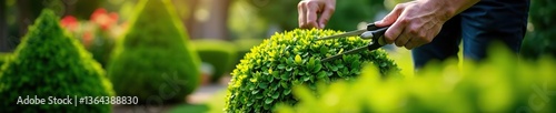 Gardener meticulously pruning a perfectly shaped topiary bush in a lush garden on a sunny afternoon,  beautiful,  shears