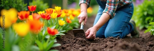 Gardener planting colorful flowers in a neatly arranged garden bed,  spring,  environment
