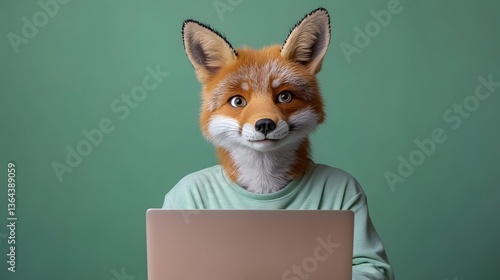 Portrait of an anthropomorphic fox dressed in business attire working intently on a laptop computer in an office setting showcasing their tech savvy and entrepreneurial skills