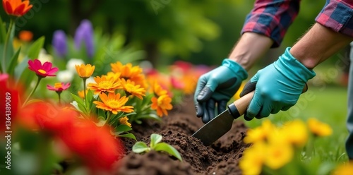 Gardener planting colorful flowers in a neatly arranged garden bed,  horticulture,  landscaping
