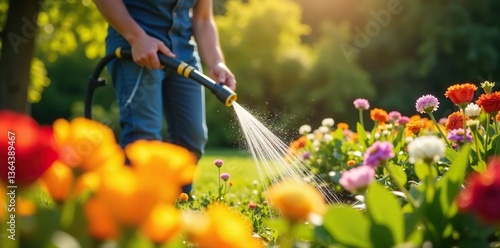 Gardener watering flowers with hose on sunny day, selective focus,  sprinkler hose, gardening