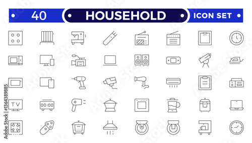 Household appliances outline icon set such as toaster, blender, hairdryer, electric range, video and photo camera.
