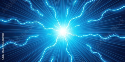 Comic style blue background with dynamic lightning power effects, featuring rays and halftone dots emanating from the center,  page layout,  halftone dots