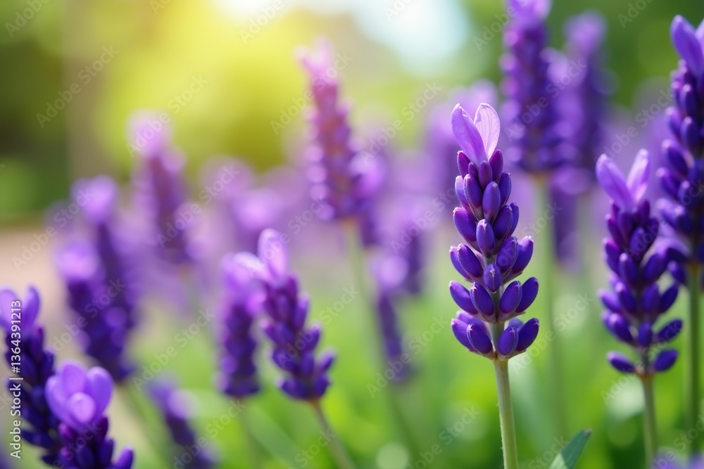 Fototapeta premium Close-up of vibrant purple lavender flowers in bloom on a sunny day, summer, botanical