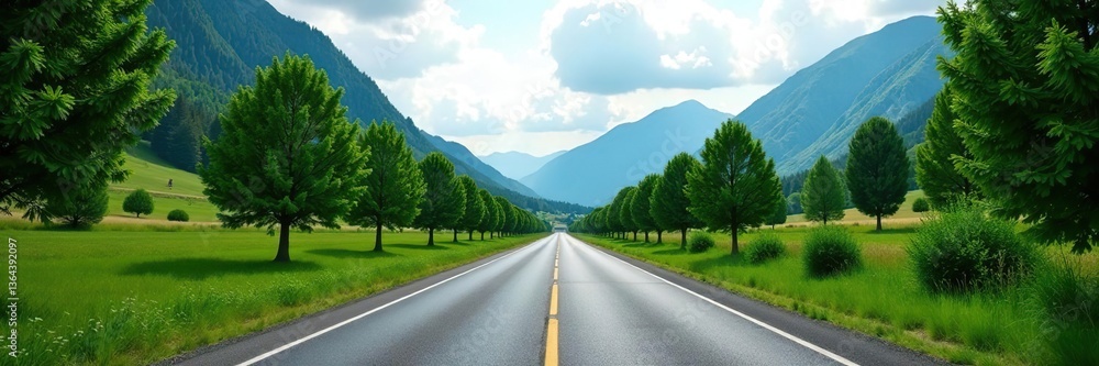 Naklejka premium Empty road leading towards distant mountains with lush green trees lining the sides, nature, fresh air
