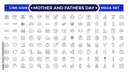 Mother and Fathers Day outline icon .Pregnancy, first days of life, supplies, healthcare, transportation and safety.