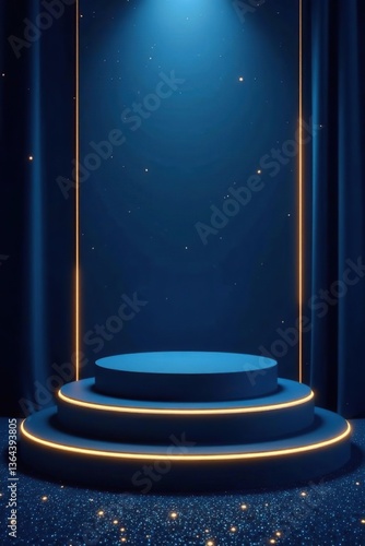 Dark blue stage with golden spotlight lines, glitter texture, 3d abstract premium elegant glamour background template for award ceremony design,  ceremony,  stage © tara