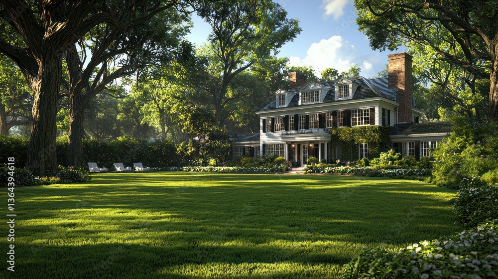 Fototapeta premium Stately home with large lawn, framed by mature trees in summer sunlight