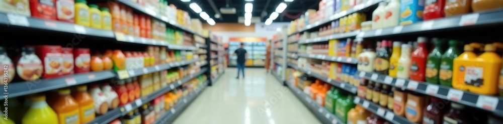 Fototapeta premium Blurred image of a supermarket aisle filled with assorted groceries and products, food, products
