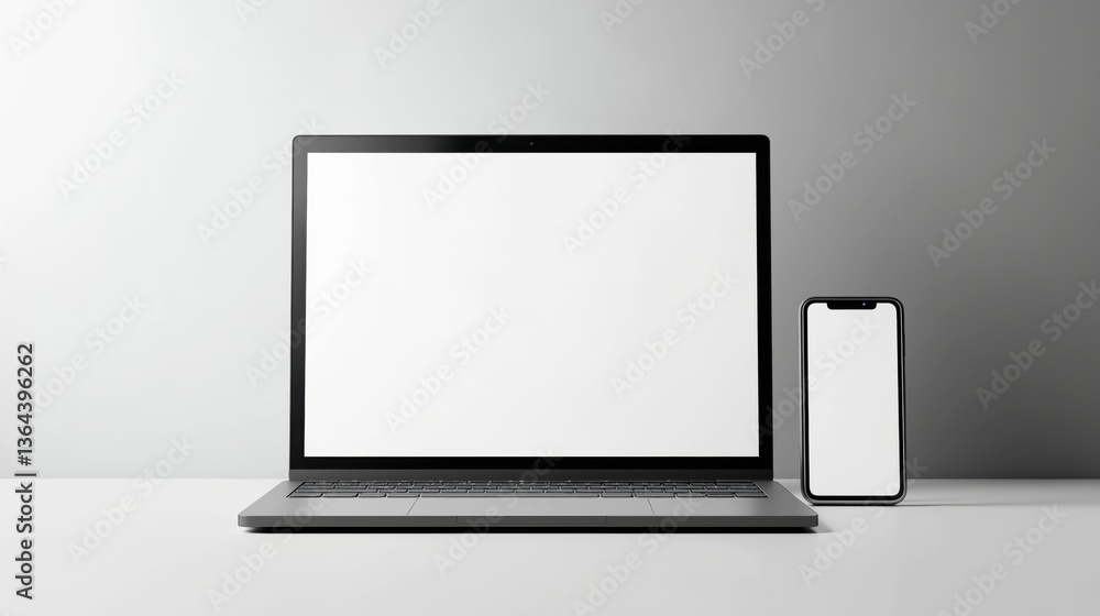 a modern laptop computer with a blank screen, positioned beside a smartphone with a blank screen a modern laptop computer with a blank screen, positioned beside a smartphone with a blank screen