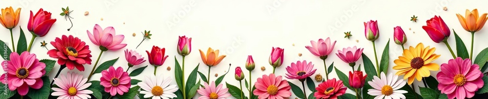 Obraz premium Colorful and vibrant illustration of various flowers including roses, tulips, and daisies, flora, bouquet