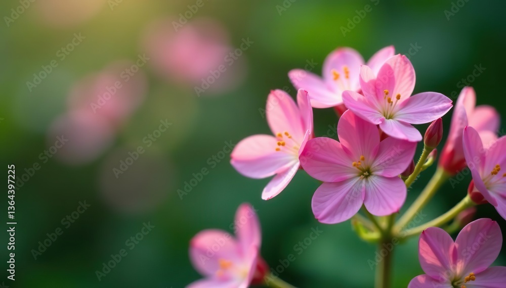 Close-up of delicate pink flowers in full bloom on green plant stem, flowers, nature Close-up of delicate pink flowers in full bloom on green plant stem, flowers, nature