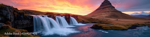 Dramatic view of Kirkjufellsfoss waterfall flowing near Kirkjufell mountain at sunset,  majestic,  adventure