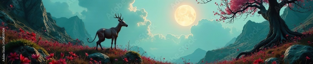 Naklejka premium Dreamlike and surreal landscape featuring mystical creatures in a twisted reality, with surreal still life elements scattered throughout the scene, surrealism, whimsical