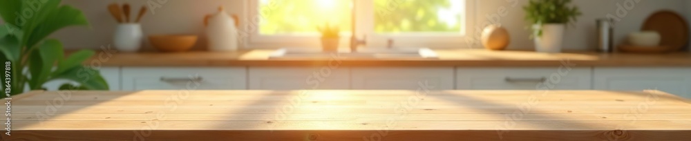 Empty wooden tabletop with blurred kitchen background sunshine, ideal for product placement, mockup table, natural lighting Empty wooden tabletop with blurred kitchen background sunshine, ideal for product placement, mockup table, natural lighting