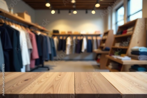 Empty wooden table top with blurred clothing store background,  boutique, fashion