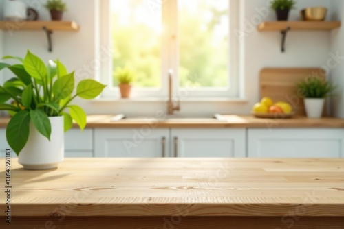 Empty wooden tabletop with blurred kitchen background sunshine, ideal for product placement,  sunshine, stock photo