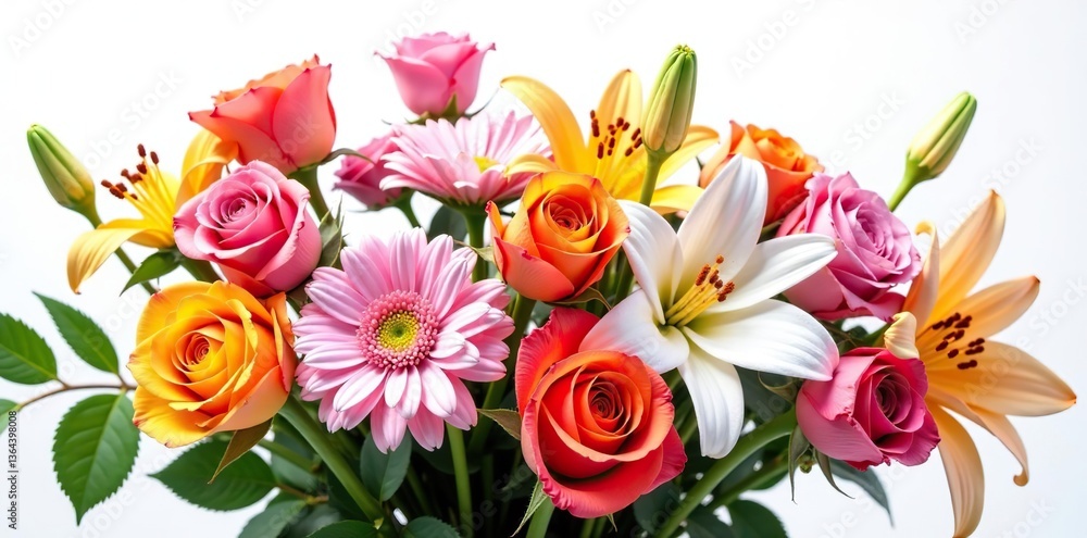 Obraz premium Colorful bouquet of various flowers including roses, daisies, and lilies on a clean white background, lilies, plants