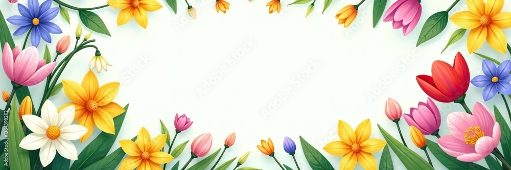 Fototapeta premium Colorful cartoon vector illustration of bright spring flowers including snowdrop, daffodil, crocus, and tulip arranged in a circular frame, vibrant, tulip