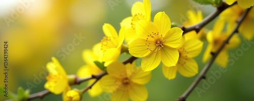 Close-up of vibrant yellow flowers blooming on a tree branch in springtime,  day,  garden