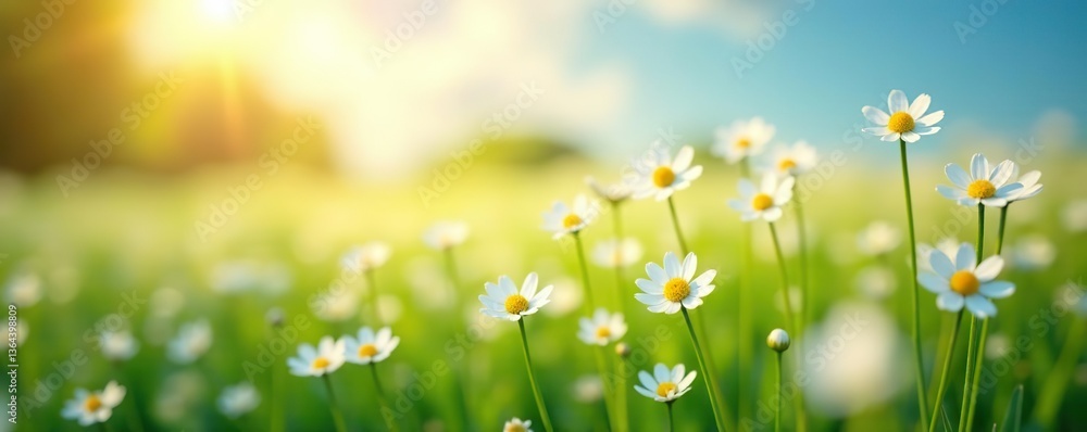Fototapeta premium Field of delicate white flowers blooming under the sun, sunny day, landscape