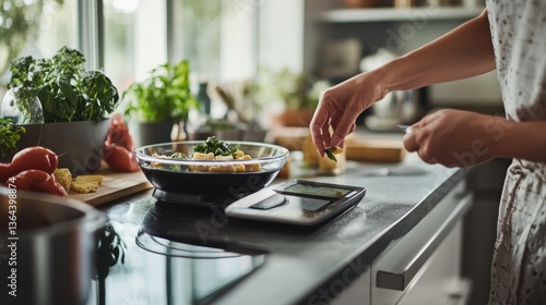 A person using a digital food scale to weigh ingredients for recipes, kitchen with scale displaying measurements and nutritional information, High-tech style