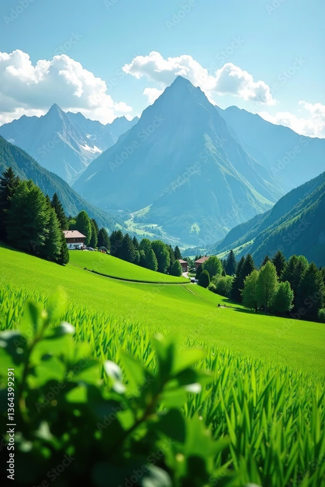 Obraz premium Countryside landscape with lush green field and majestic mountains in background for stock photo, hills, picturesque