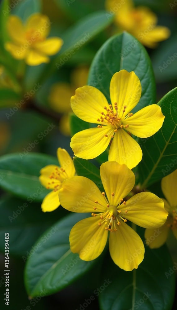 Fototapeta premium Close-up of golden yellow gum flowers blooming on a vibrant green eucalyptus tree with ample copy space, green leaves, colorful