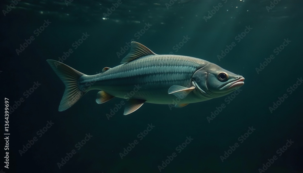 Dussumier's halfbeak swimming in dark water, its reflection visible below, fish, wildlife Dussumier's halfbeak swimming in dark water, its reflection visible below, fish, wildlife