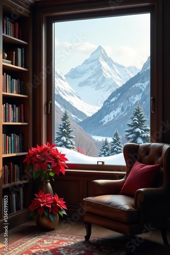 Cozy home library study with Christmas bookshelf, snow-capped mountains view from window, poinsettia flowers, perfect backdrop for online webinar or teams meeting,  library,  bookshelf