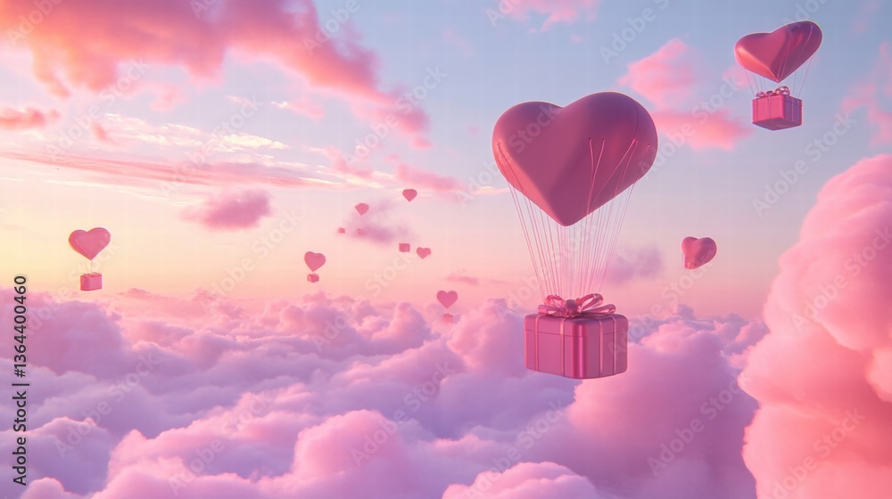Obraz premium A Box flying on a parachute with pink cloud in valentine day,package flying down from sky and cloud with parachute, concept for delivery service,shopping online,air delivery service.